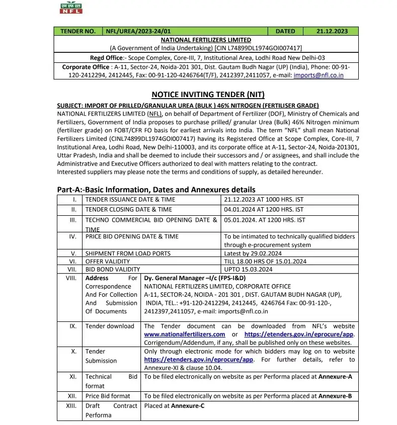 NFL Urea Tender Dec 21st, 2023